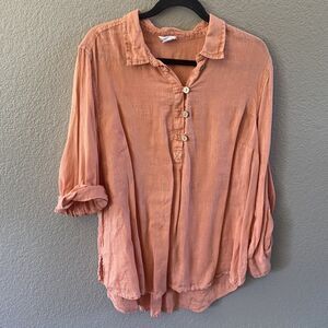 Sigrid Olsen Tunic Womens 1X Peach  Linen Popover Lagenlook Beach Collared